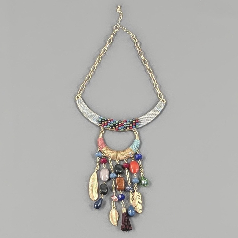 Boho Gold Tone Bib Necklace Multi Color Bead Thread Feather Tassel Statement